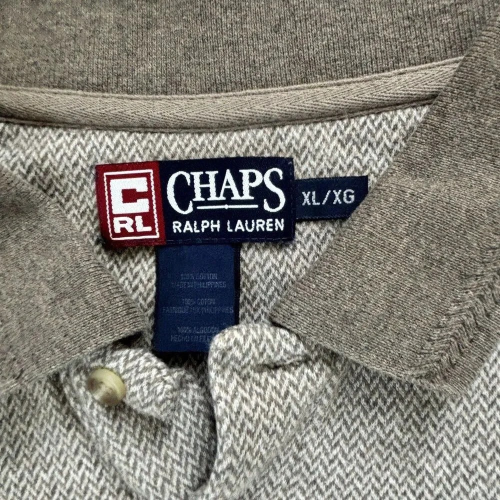 Chaps Ralph Lauren Polo Shirt Mens XL Brown Gray Herringbone Long Sleeve Vintage